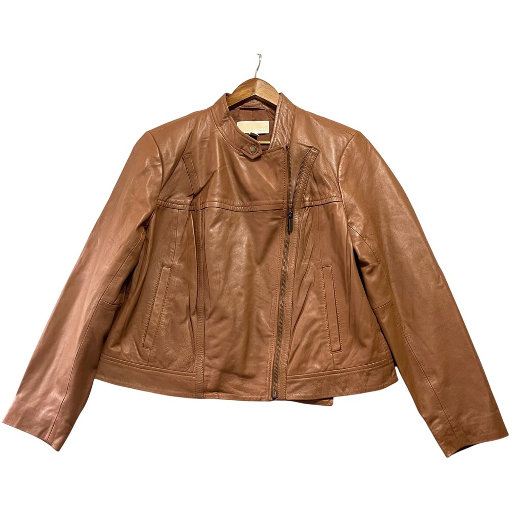 Michael Kors Leather Jacket‎ Womens 1X Brown Lambskin Coat Moto Biker Luxury
